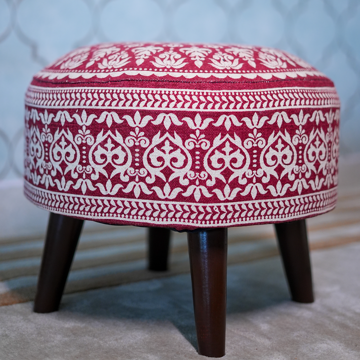 Contemporary Mandala Wooden Tuffet in Cherry Red Color