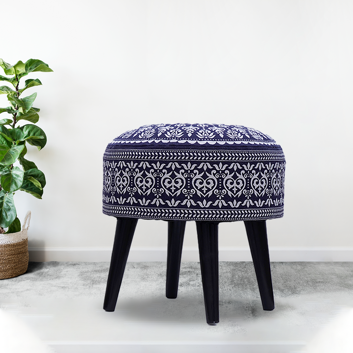 Mandala Wooden Ottoman in Blue Color Set of 1