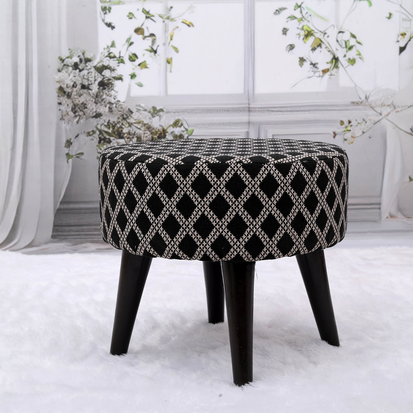 Contemporary Tetrad Jacquard Wooden Tuffet in Black Color