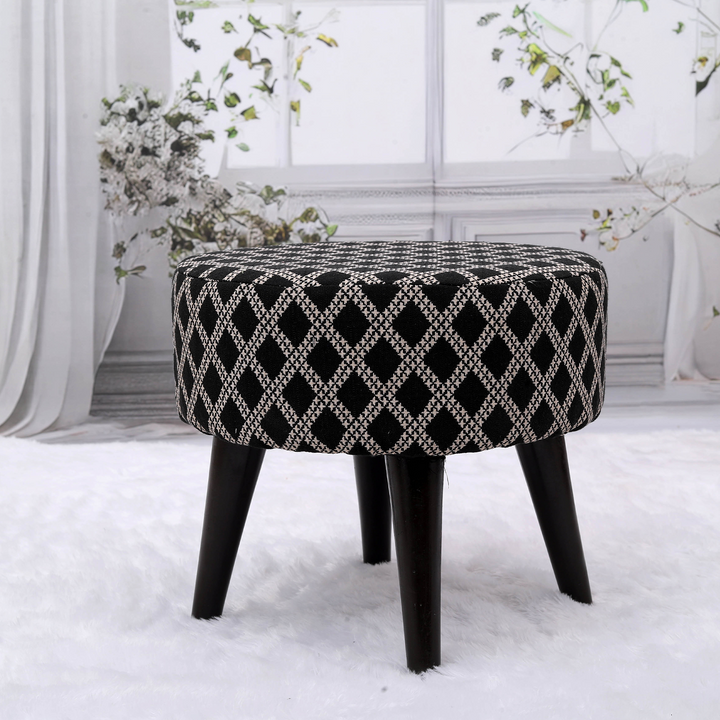Contemporary Tetrad Jacquard Wooden Tuffet in Black Color