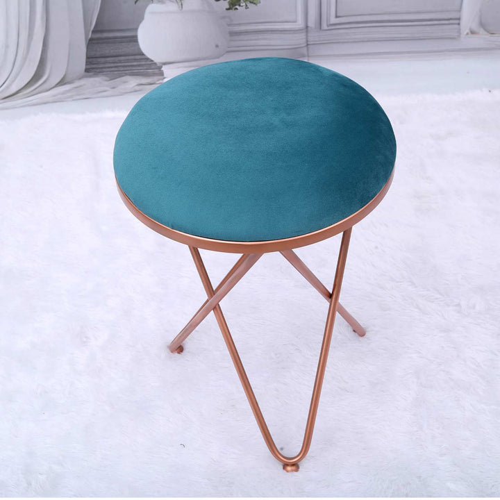 Ultra-modern Cross Leg Rose Gold Metal Stool in Teal Blue Cushion