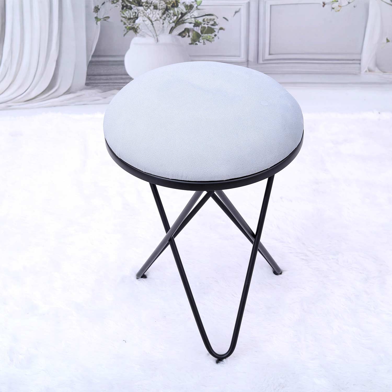 Ultra-modern Cross Leg Matt Black Metal Stool in Grey Cushion Set of 2