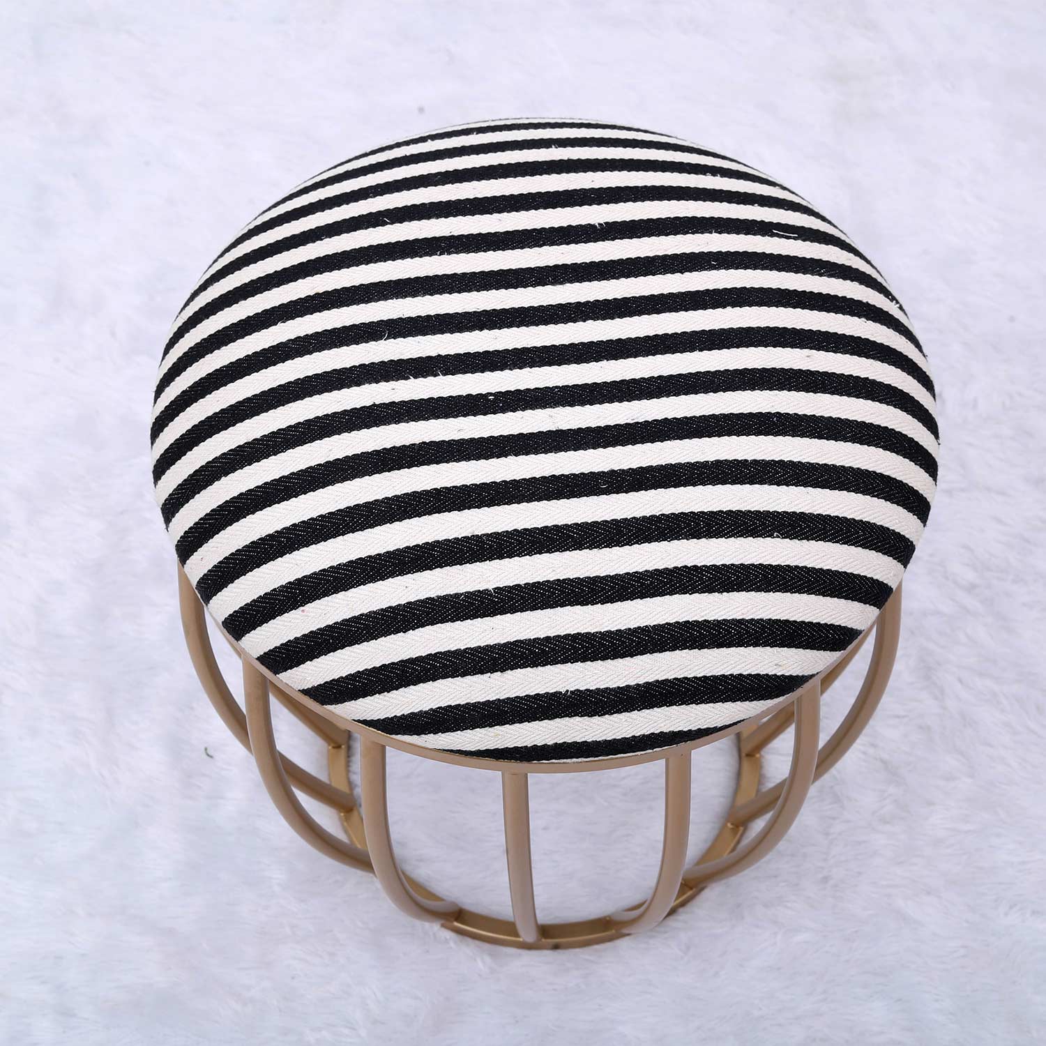 Classic Cage-Style Golden Metal Stool in Black &amp; White Stripe