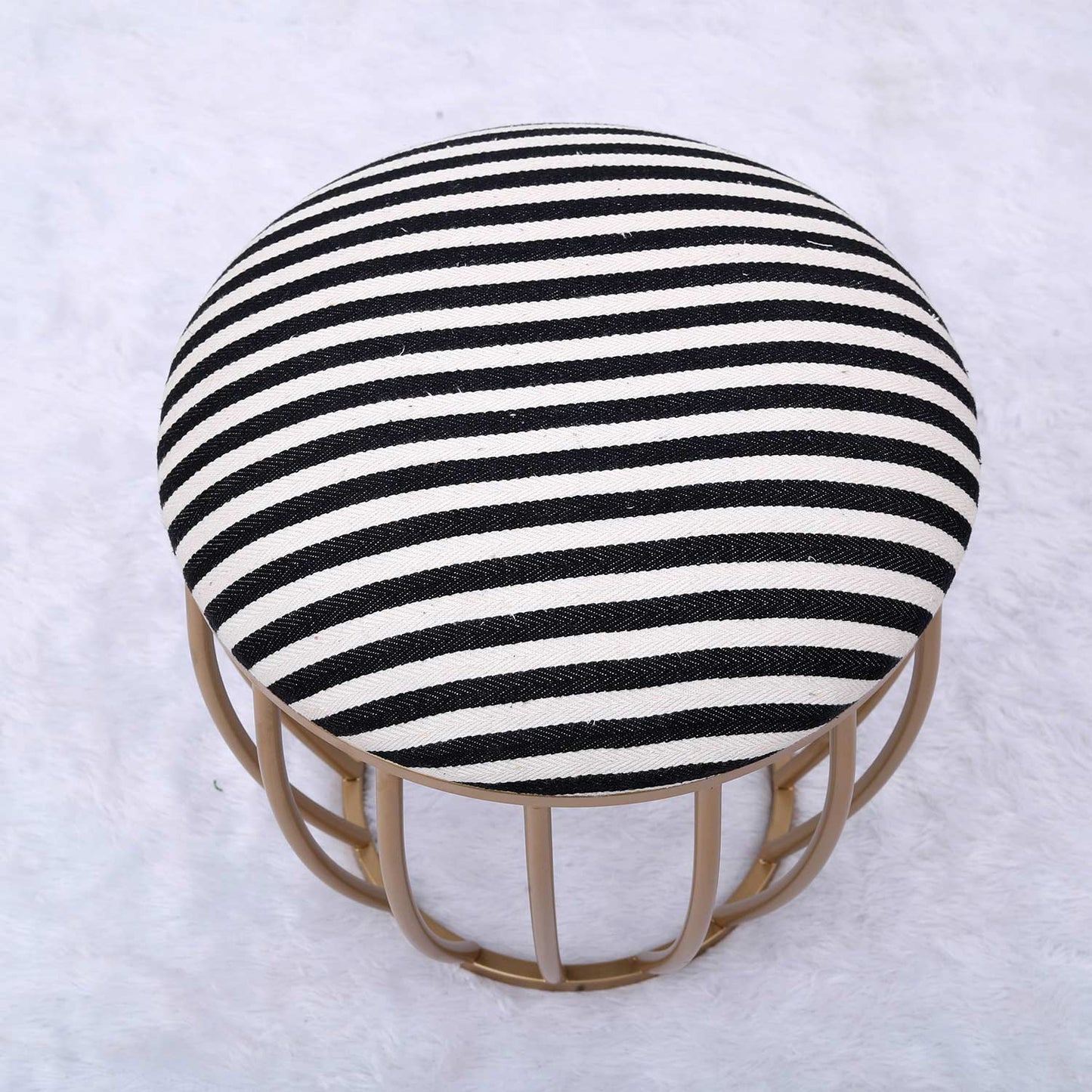 Classic Cage-Style Golden Metal Stool in Black &amp; White Stripe Set of 2