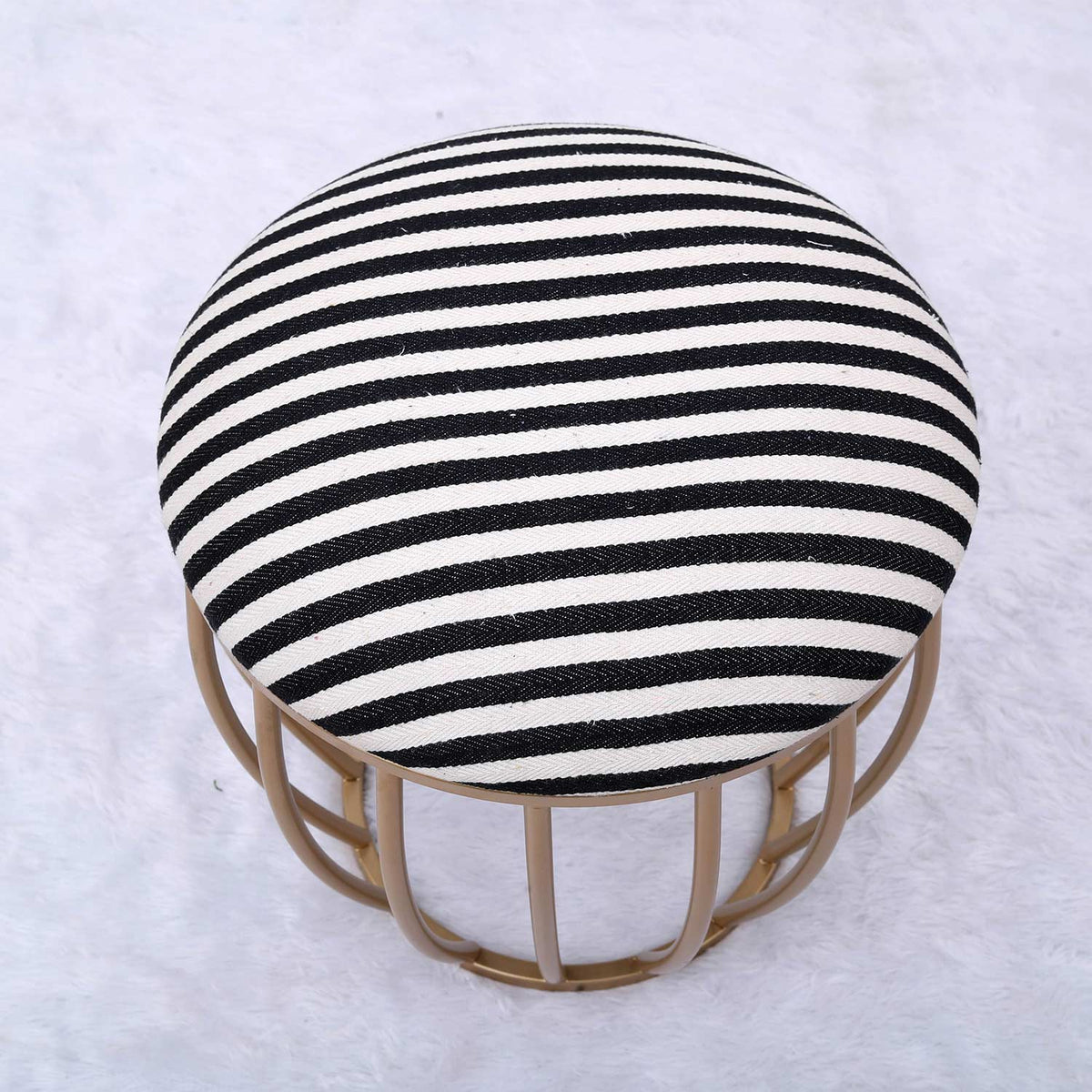 Classic Cage-Style Golden Metal Stool in Black &amp; White Stripe Set of 2
