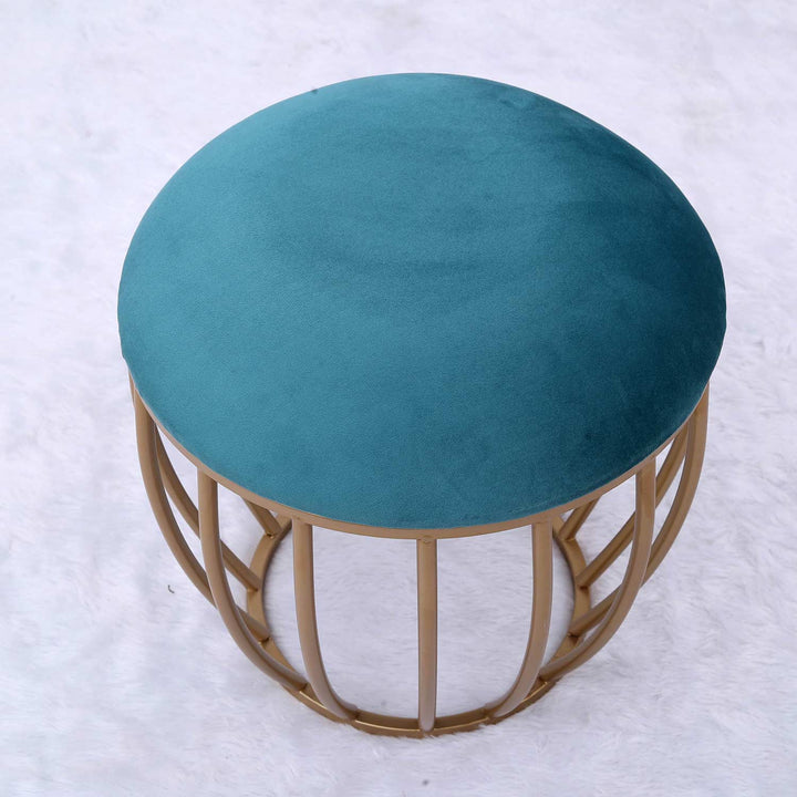 Classic Cage-Style Golden Metal Stool in Teal Blue Cushion Set of 2