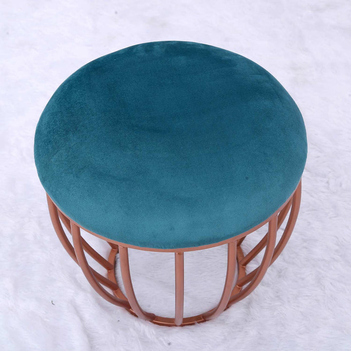 Classic Cage-Style Rose Gold Metal Stool in Teal Blue Cushion