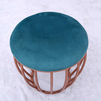 Classic Cage-Style Rose Gold Metal Stool in Teal Blue Cushion Set of 2