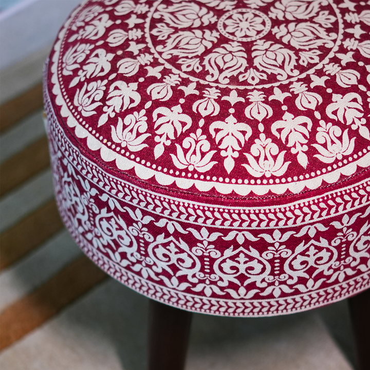 Mandala Wooden Ottoman in Cherry Red Color Set of 1
