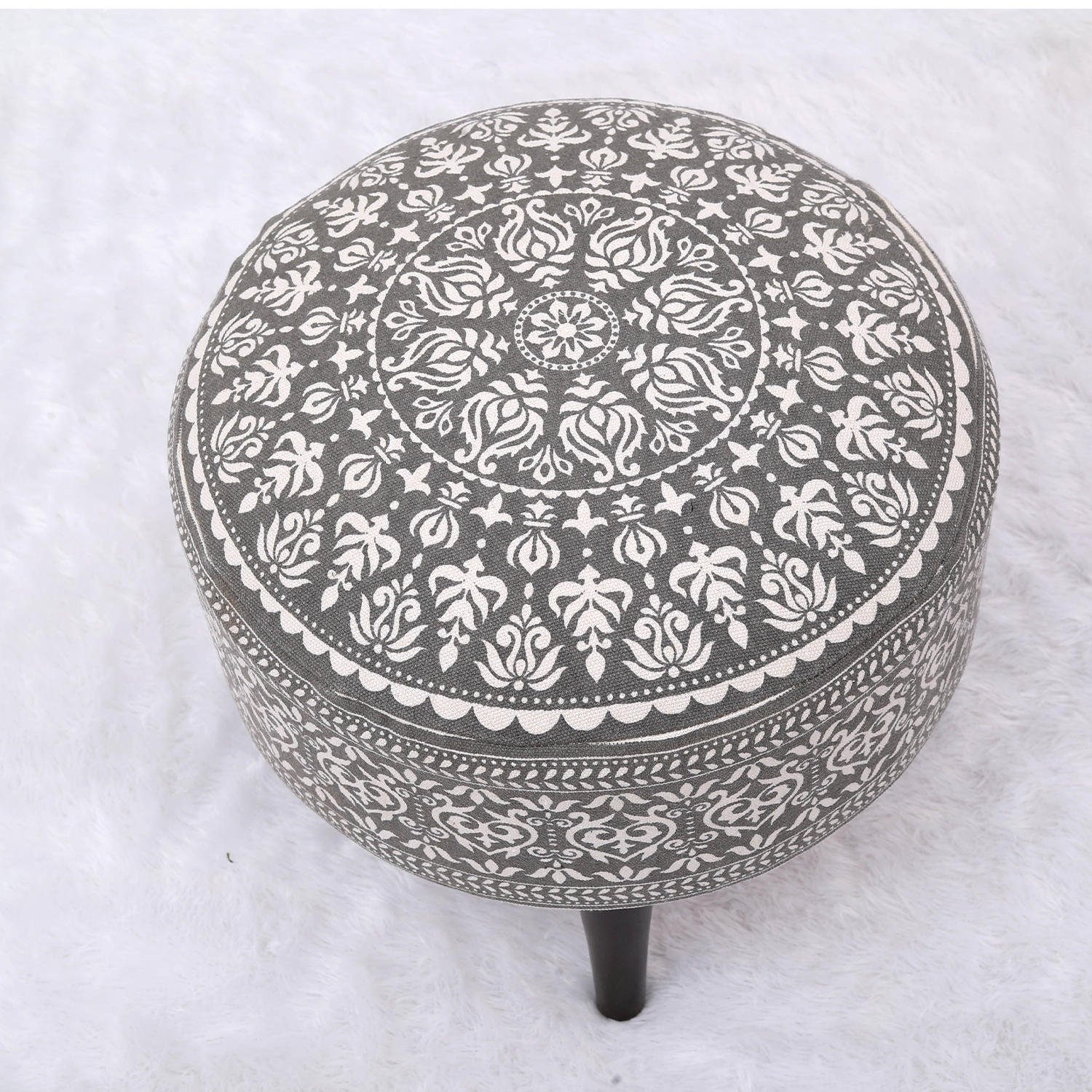 Mandala Wooden Ottoman in Gray Color Set of 2
