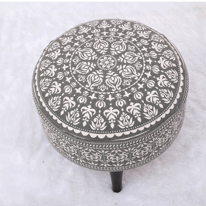 Mandala Wooden Ottoman in Gray Color Set of 2