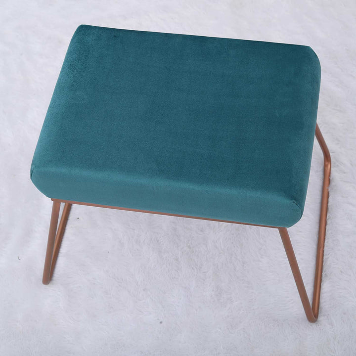 Classy and Compact Rose Gold Metal Stool in Teal Blue Cushion