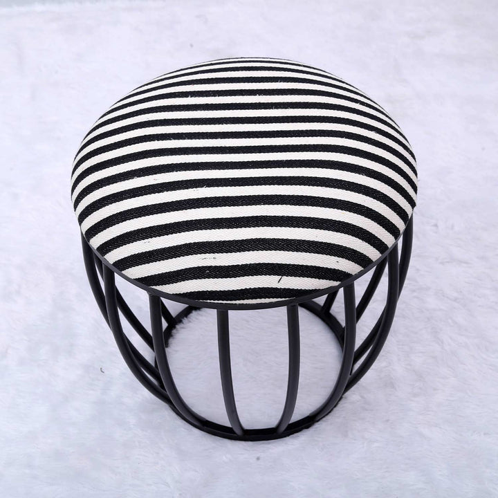 Classic Cage-Style Matt Black Metal Stool in Black & White Stripe