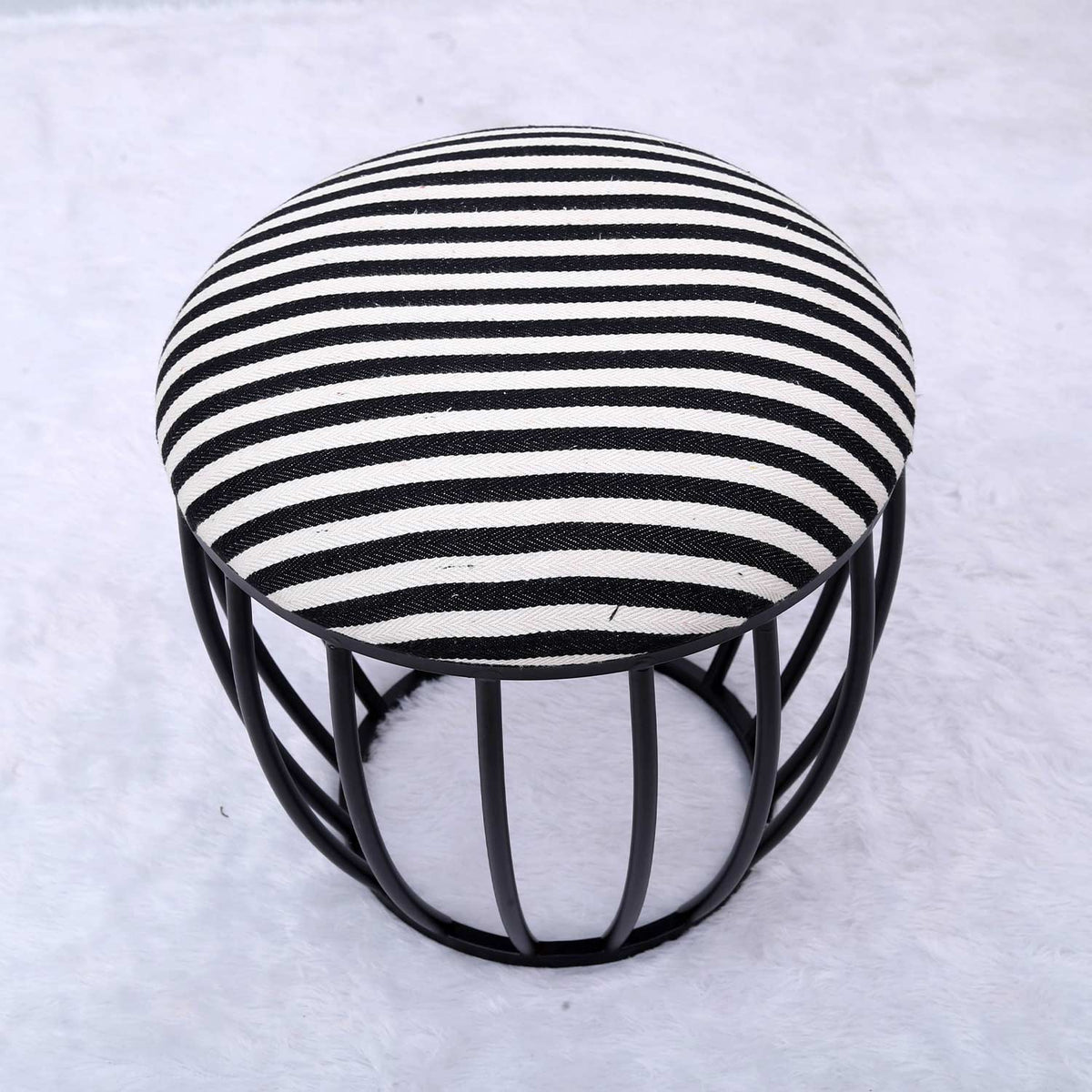 Classic Cage-Style Matt Black Metal Stool in Black &amp; White Stripe Set of 2