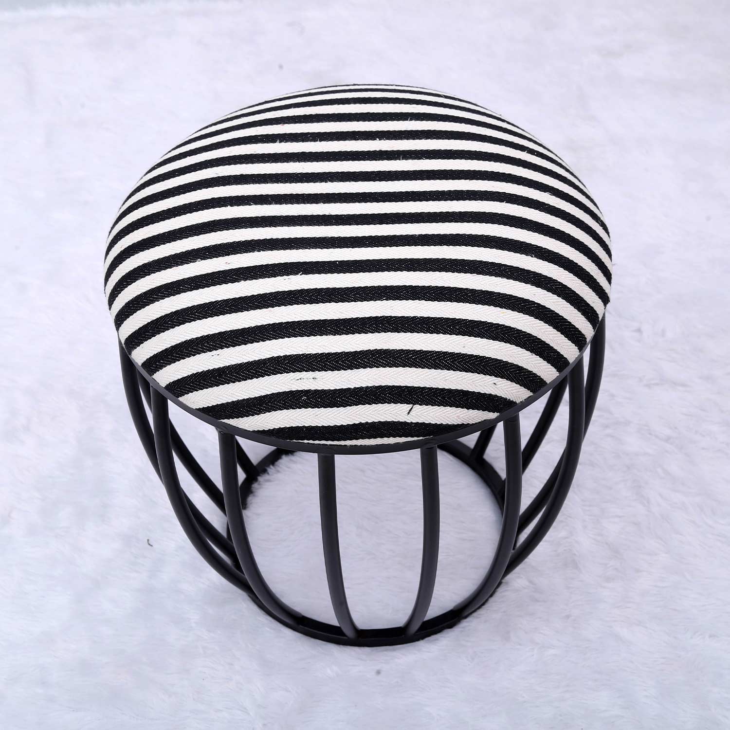Classic Cage-Style Matt Black Metal Stool in Black &amp; White Stripe Set of 2