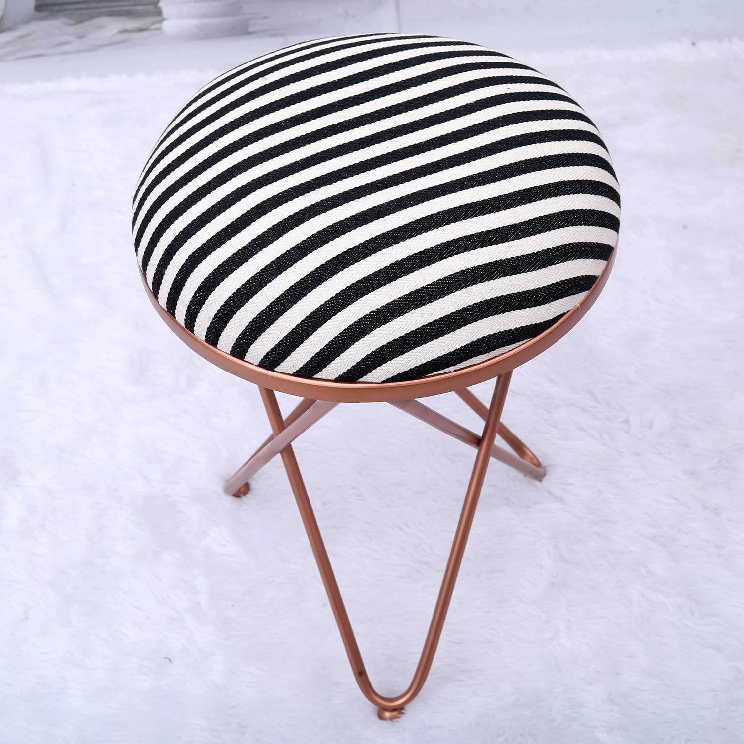 Ultra-modern Cross Leg Rose Gold Metal Stool in Black &amp; White Stripe