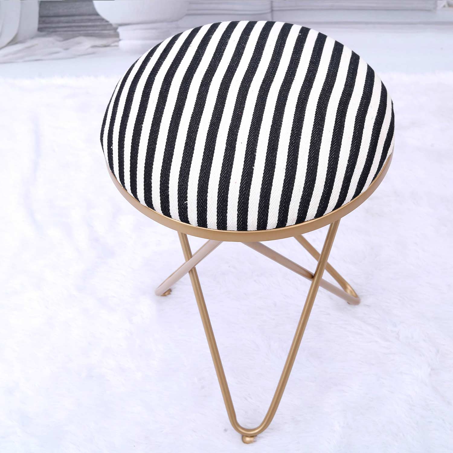 Ultra-modern Cross Leg Golden Metal Stool in Black &amp; White Stripe Set of 2