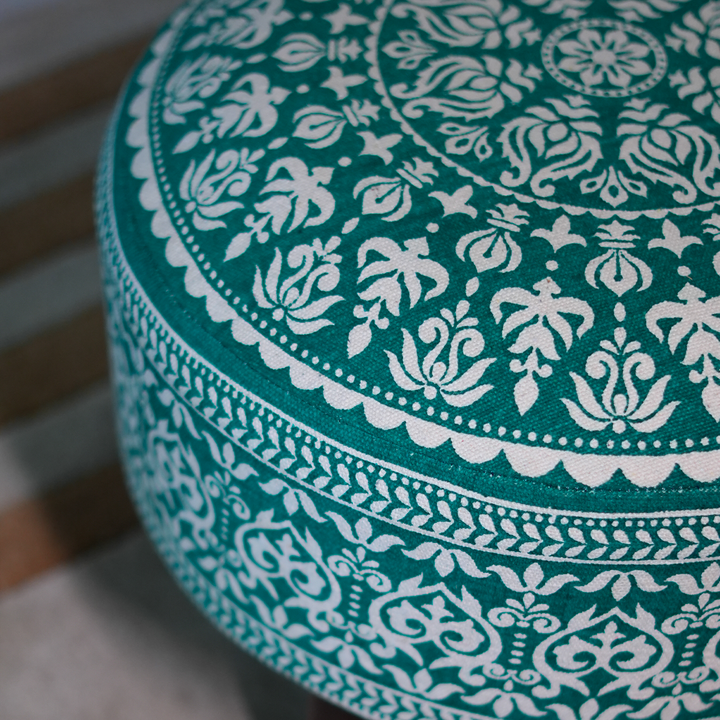 Contemporary Mandala Wooden Tuffet in Teal Blue Color