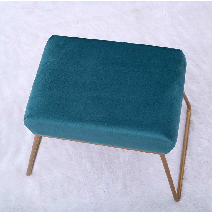 Classy and Compact Golden Metal Stool in Teal Blue Cushion
