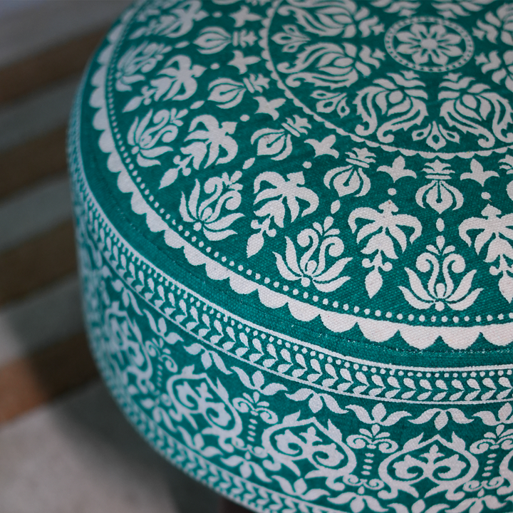 Mandala Wooden Ottoman in Teal Blue Color Set of 1