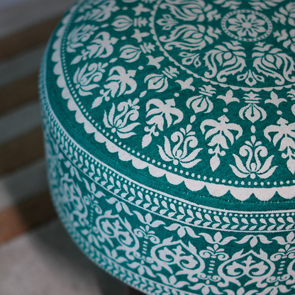 Mandala Wooden Ottoman in Teal Blue Color Set of 2