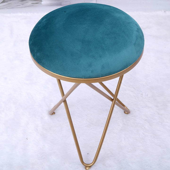 Ultra-modern Cross Leg Golden Metal Stool in Teal Blue Cushion