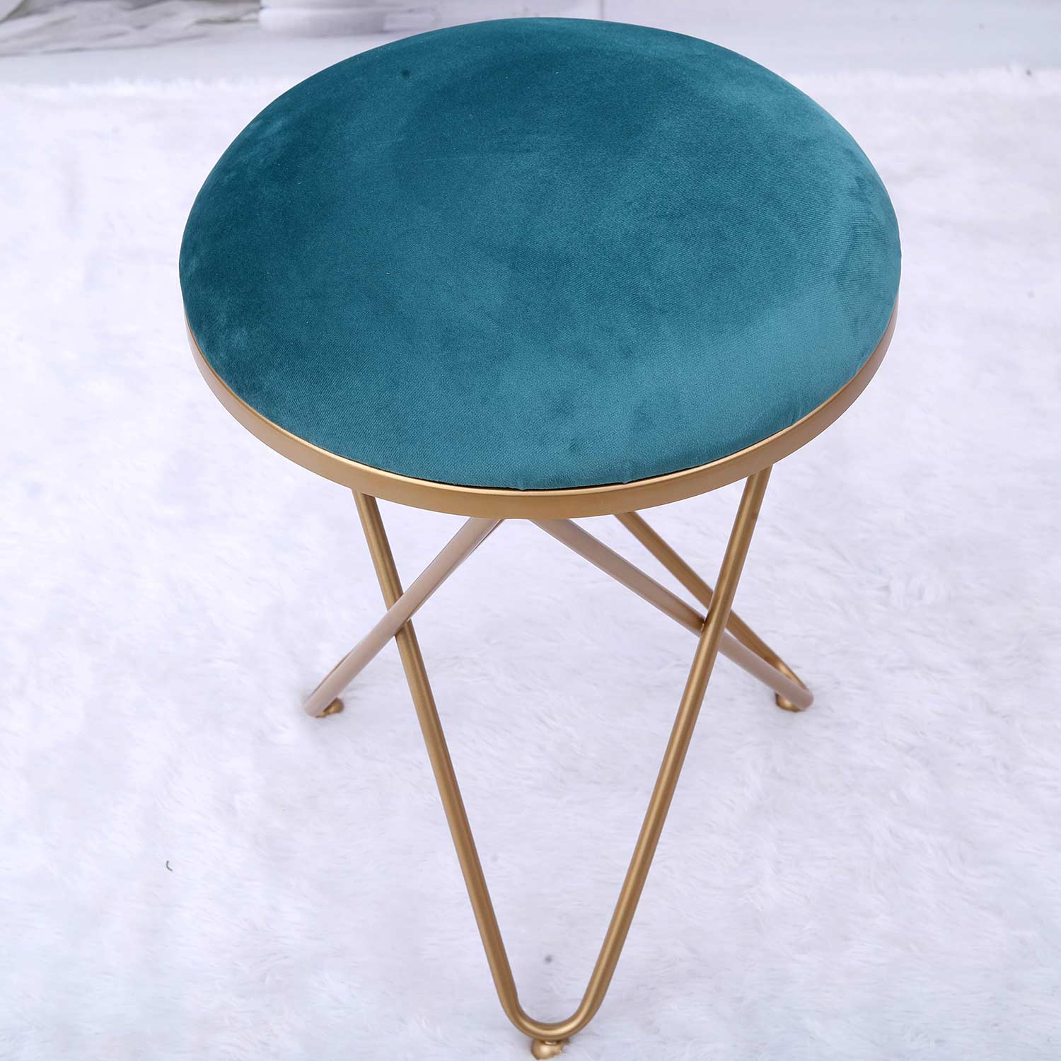 Ultra-modern Cross Leg Golden Metal Stool in Teal Blue Cushion