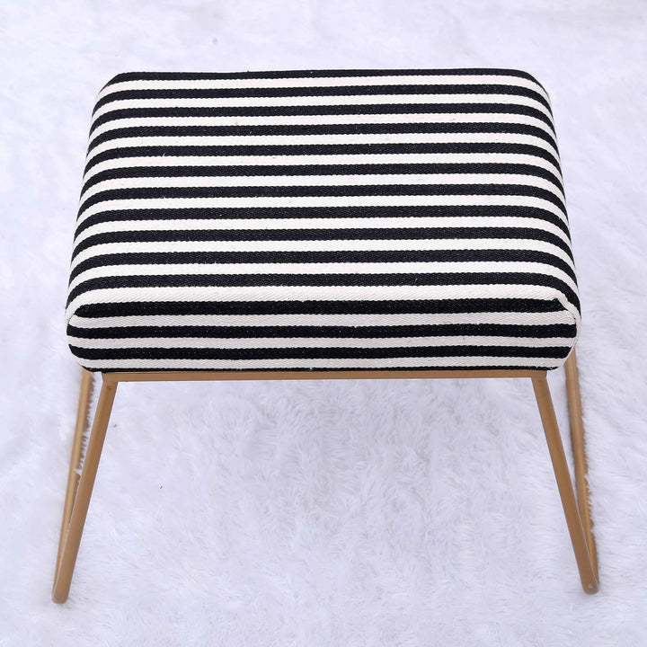 Classy and Compact Golden Metal Stool in Black & White Stripe