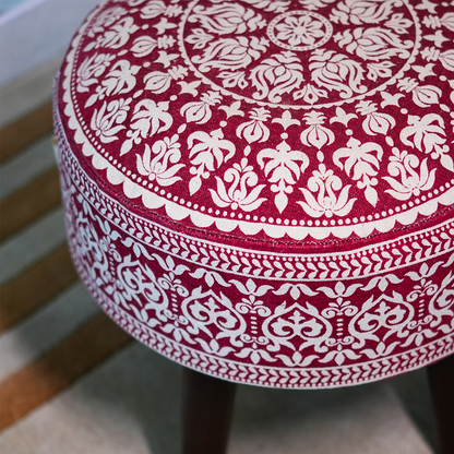 Contemporary Mandala Wooden Tuffet in Cherry Red Color