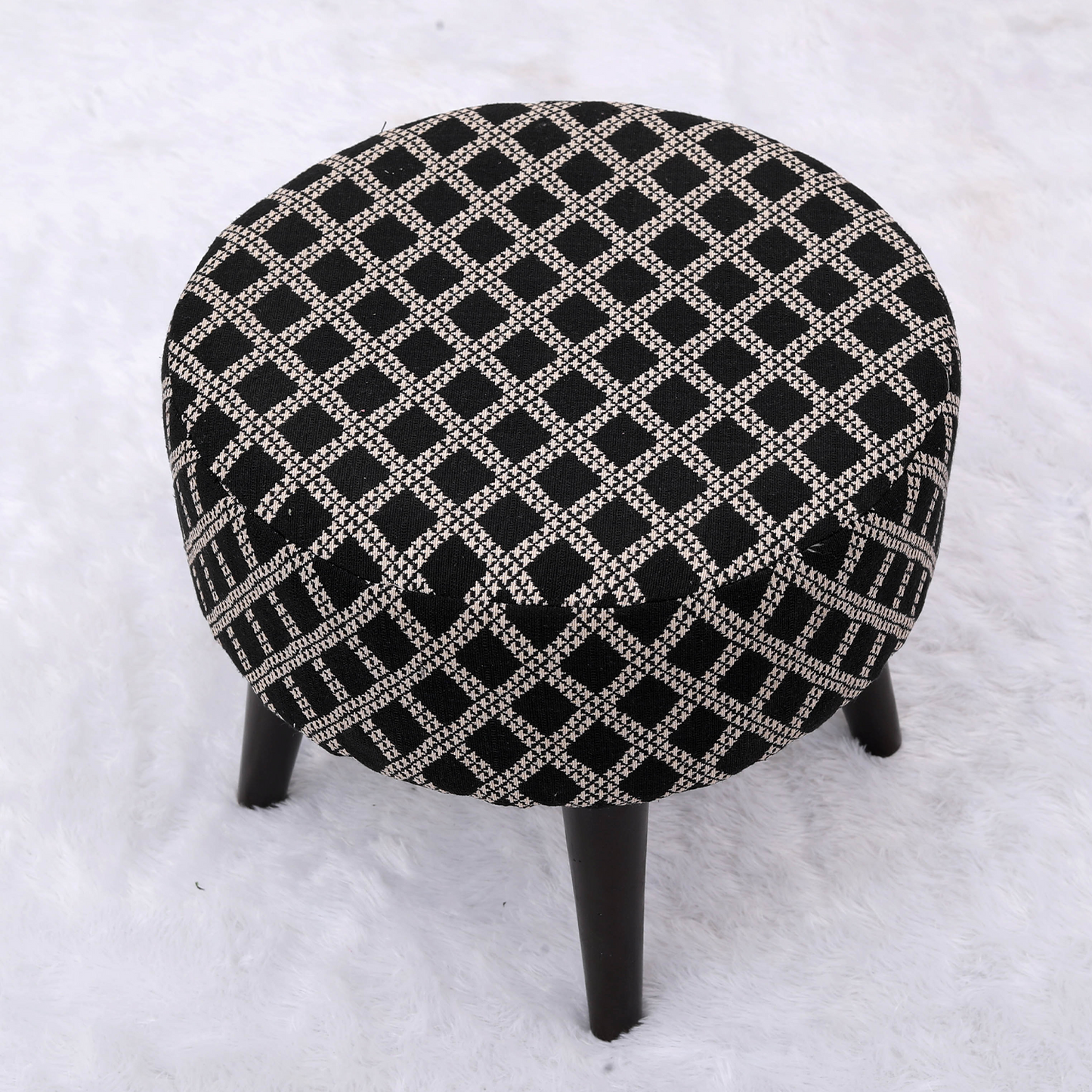 Contemporary Tetrad Jacquard Wooden Tuffet in Black Color