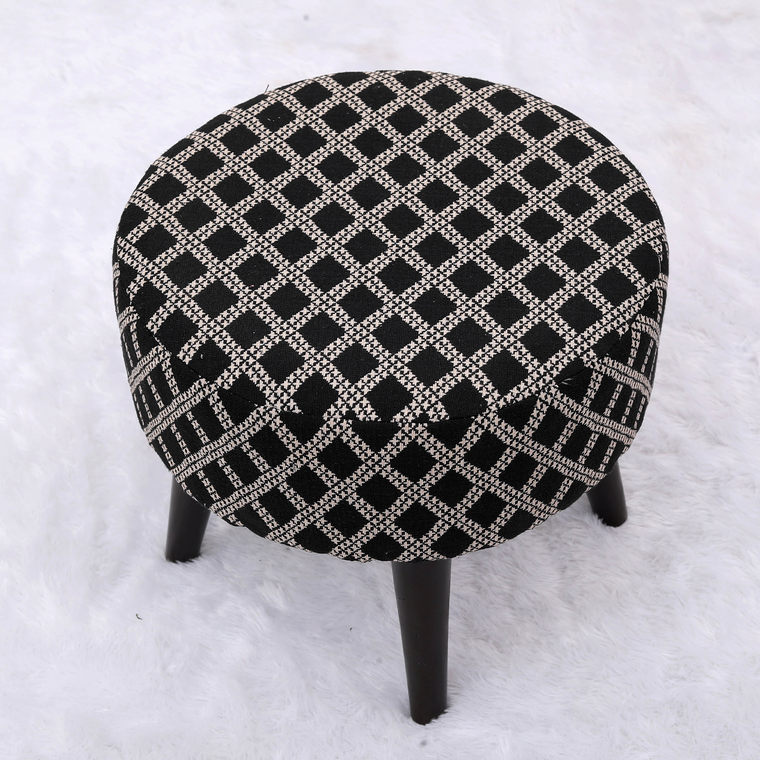 Contemporary Tetrad Jacquard Wooden Tuffet in Black Color