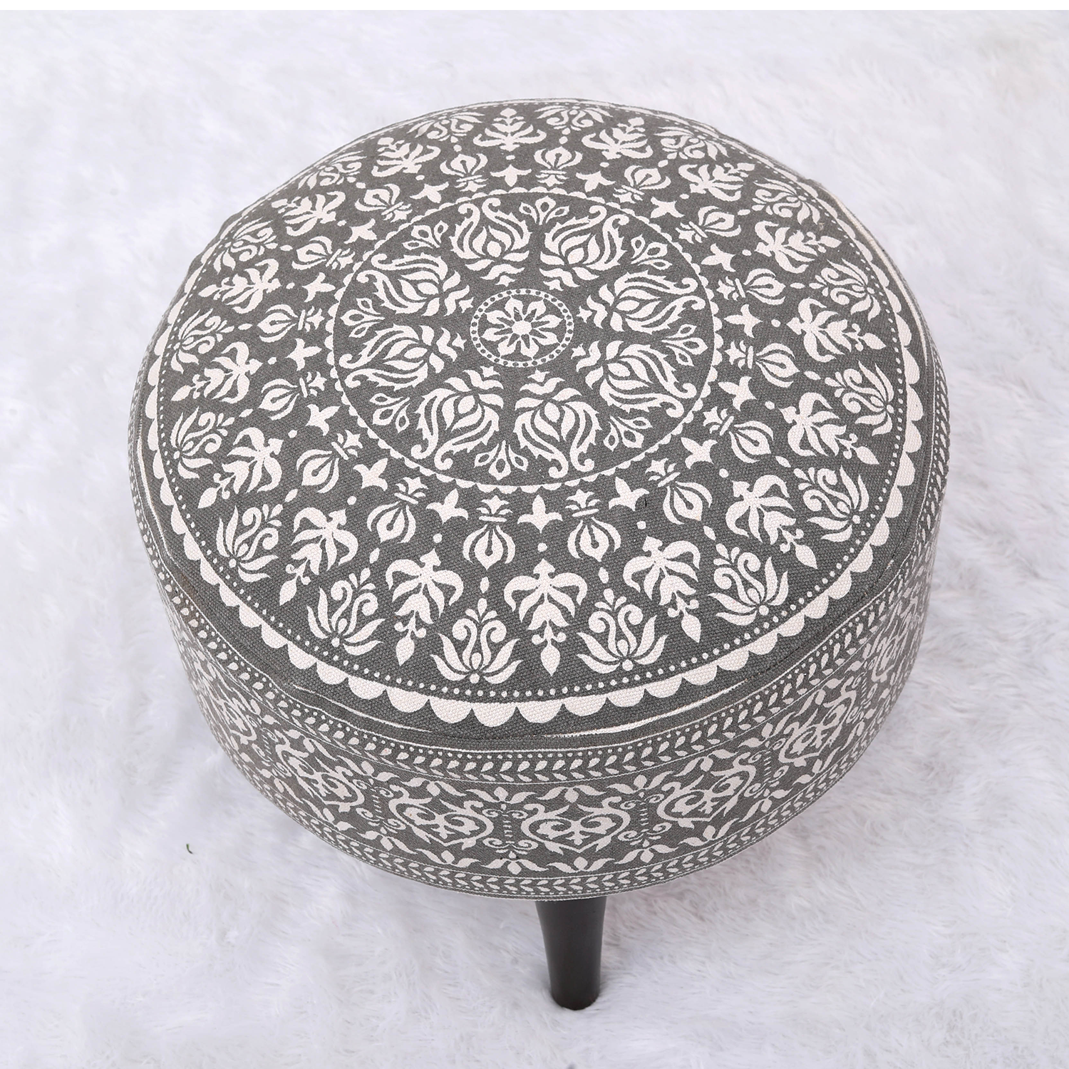 Contemporary Mandala Wooden Tuffet in Grey Color