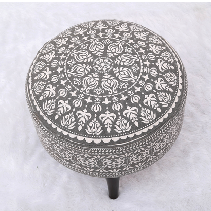 Contemporary Mandala Wooden Tuffet in Grey Color