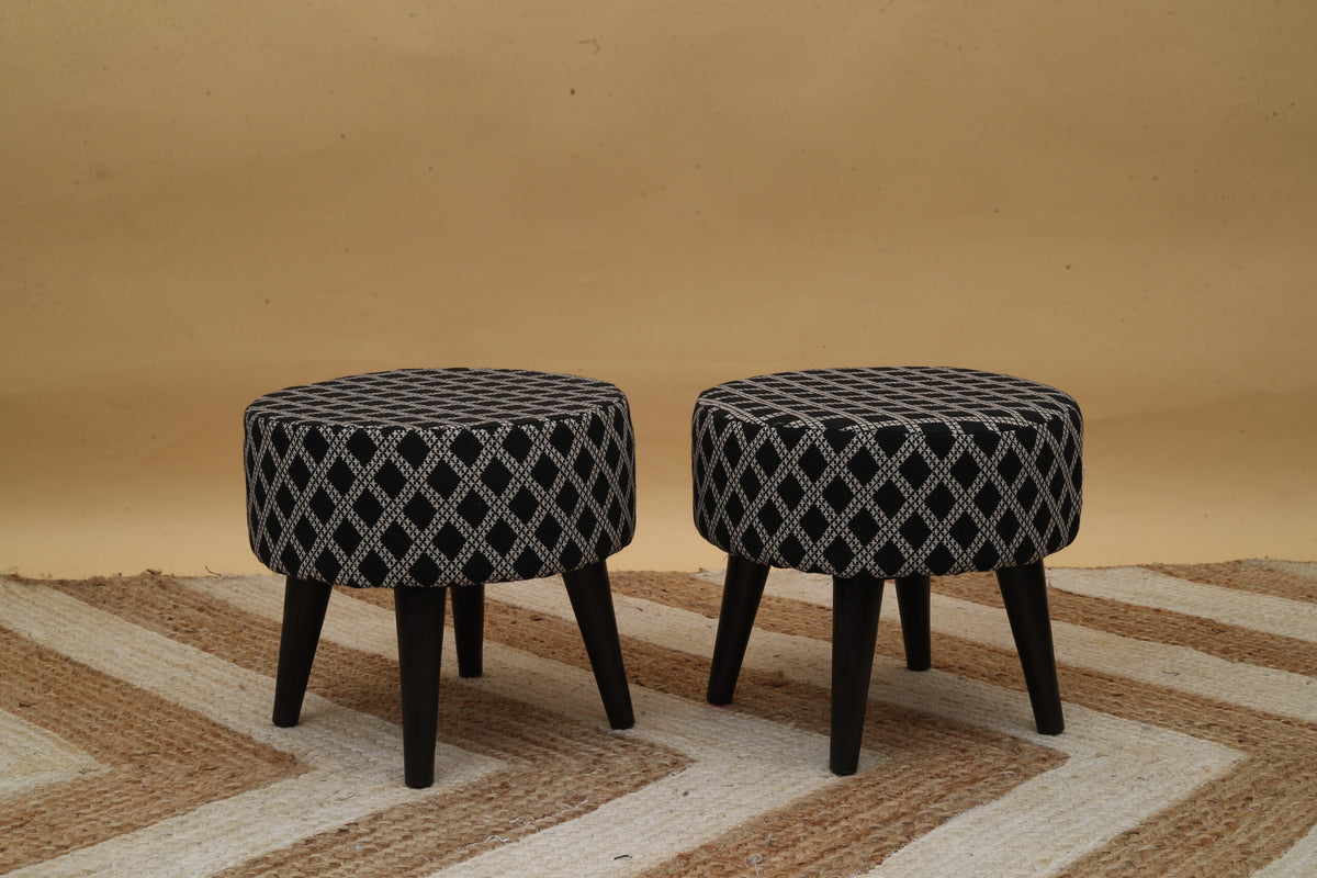 Contemporary Tetrad Jacquard Wooden Tuffet in Black Color Set of 2