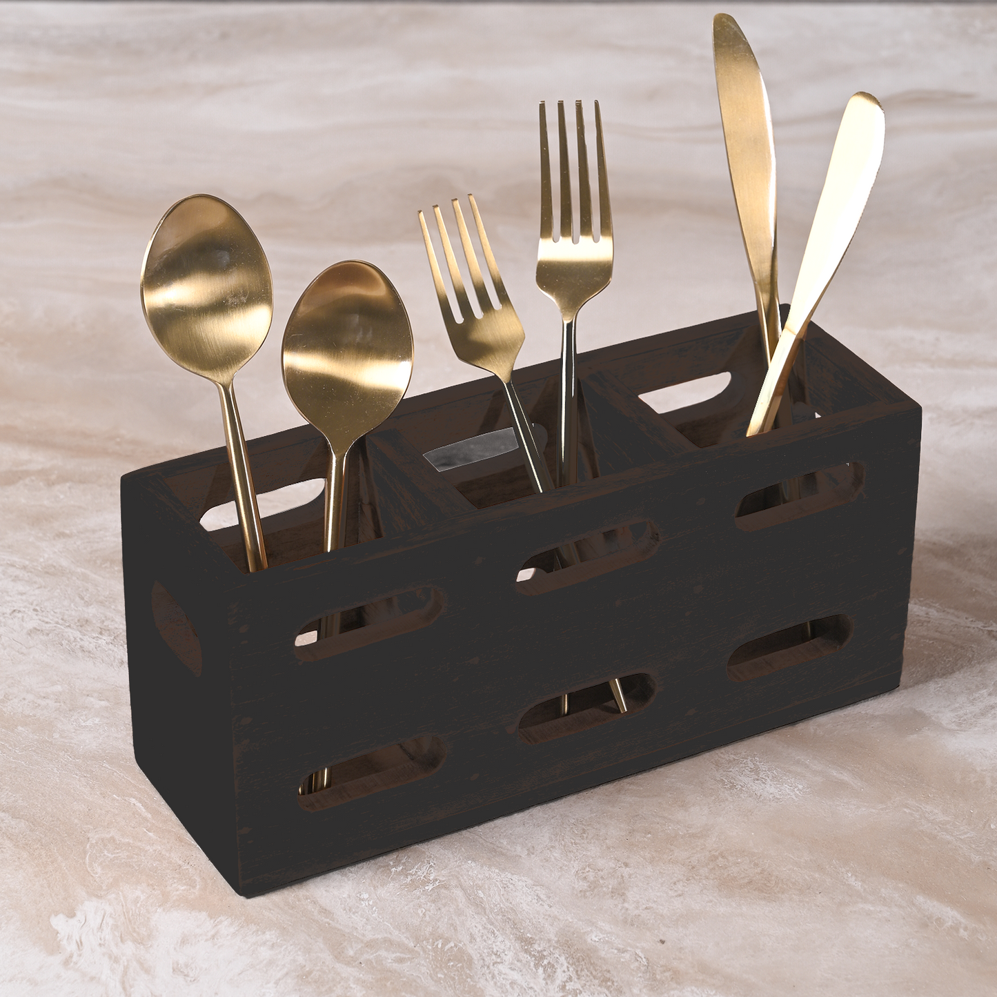 Greetwood MDF Wooden Cutlery Holder for Kitchen in Black Color
