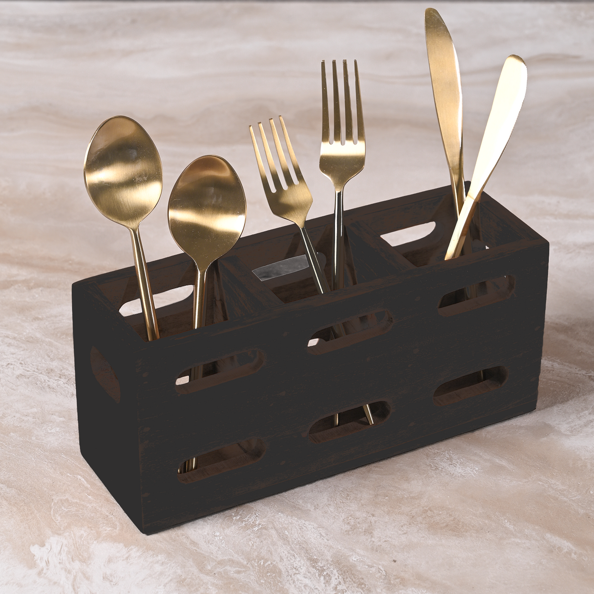 Greetwood MDF Wooden Cutlery Holder for Kitchen in Black Color
