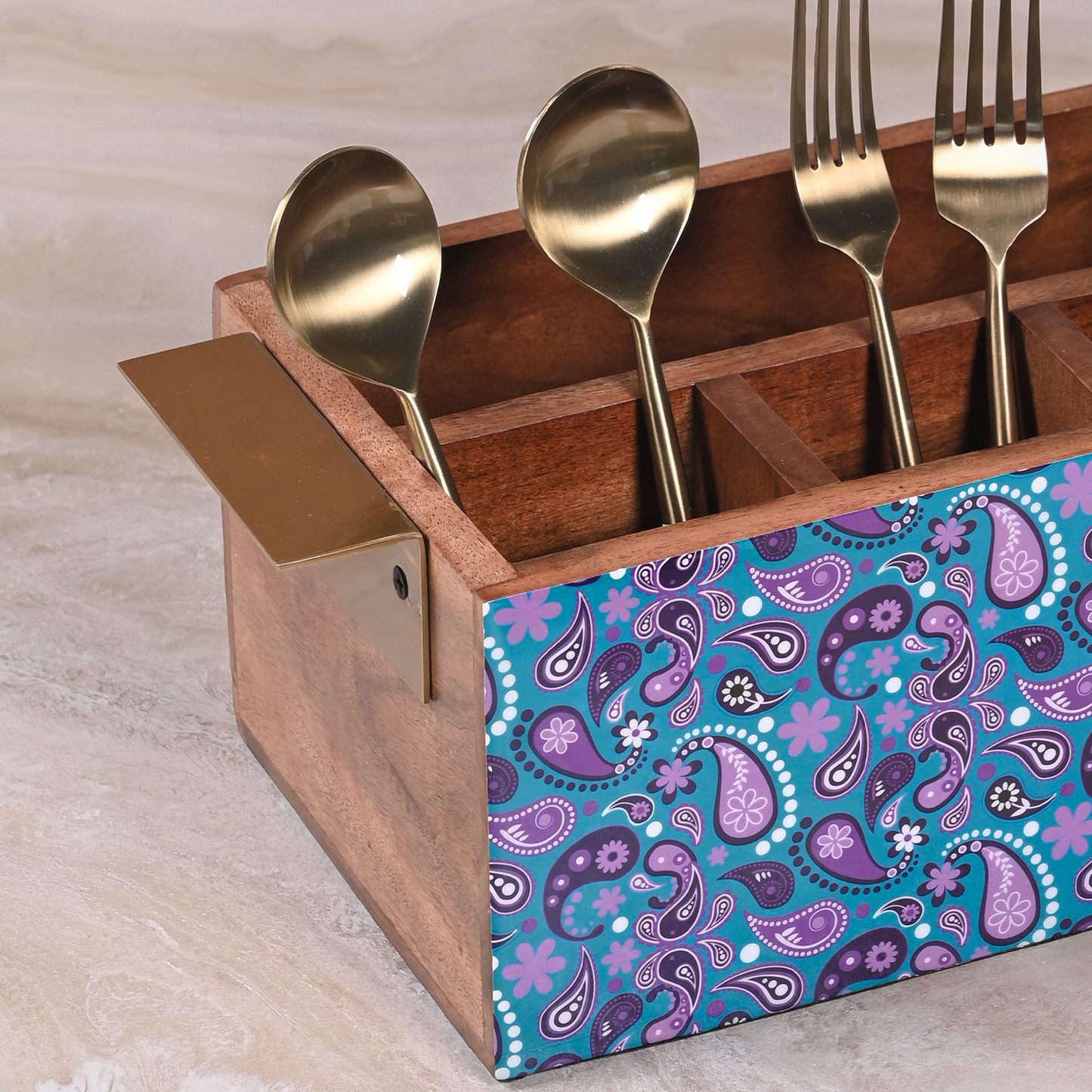 Greetwood Purple Printed Wooden Cutlery Holder for Kitchen