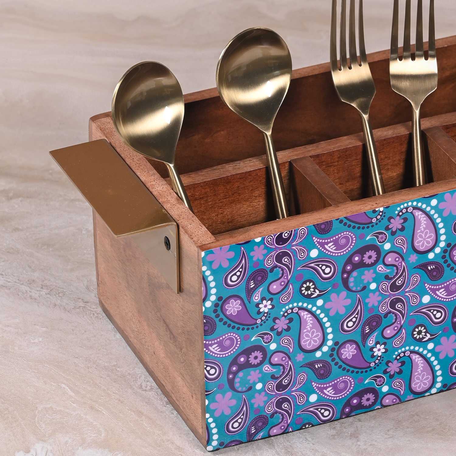 Greetwood Purple Printed Wooden Cutlery Holder for Kitchen