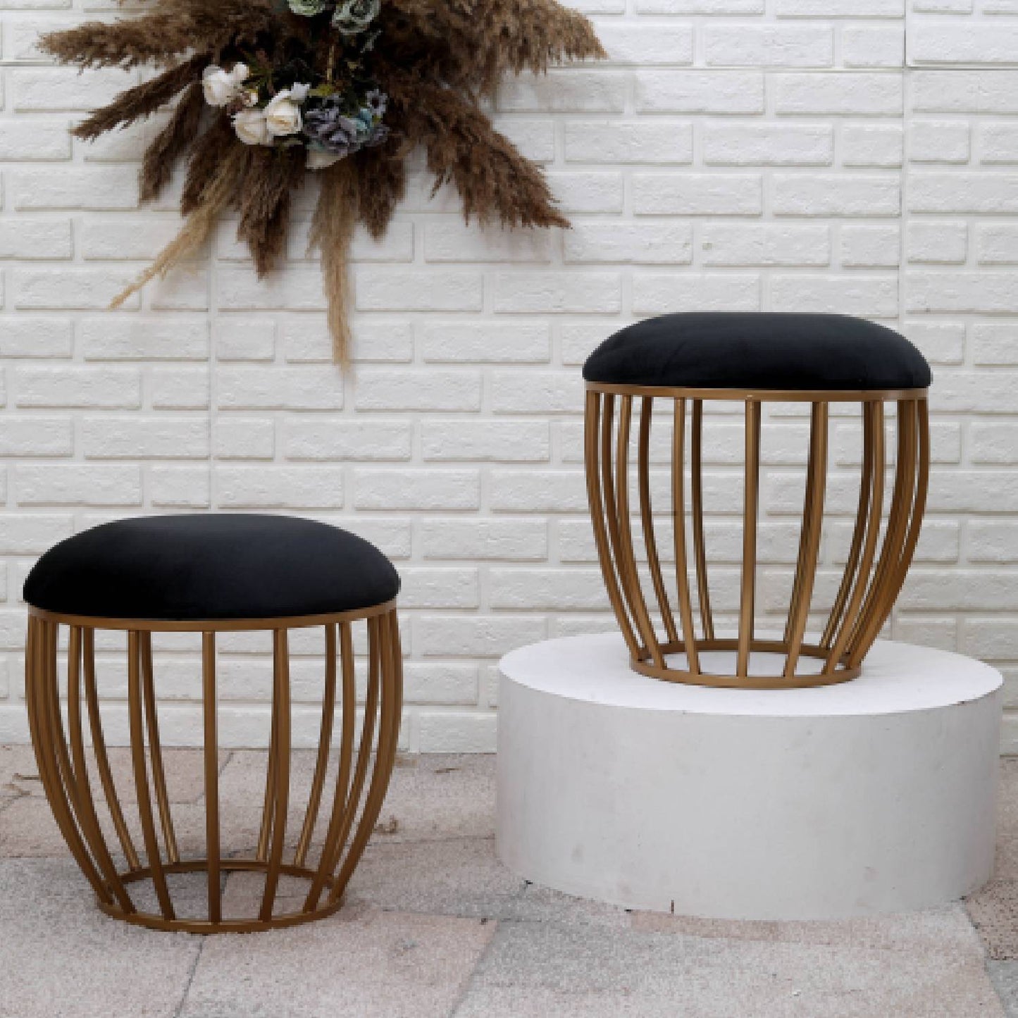 Classic Cage-Style Golden Metal Stool in Black Cushion Set of 2