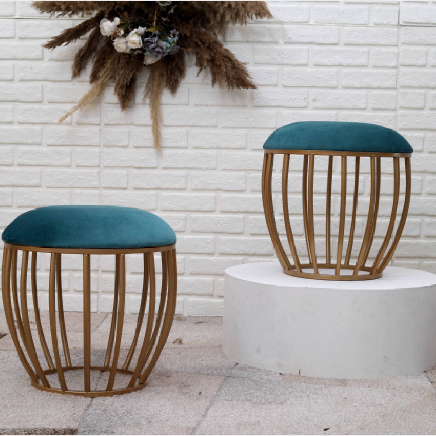 Classic Cage-Style Golden Metal Stool in Teal Blue Cushion Set of 2