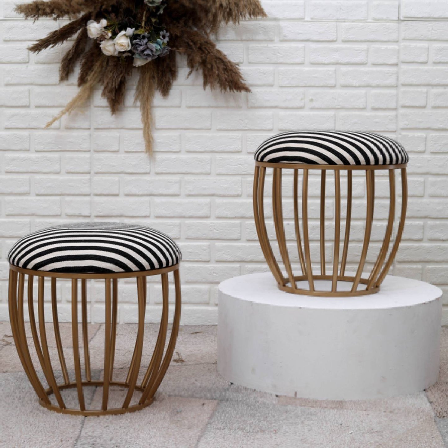 Classic Cage-Style Golden Metal Stool in Black &amp; White Stripe Set of 2