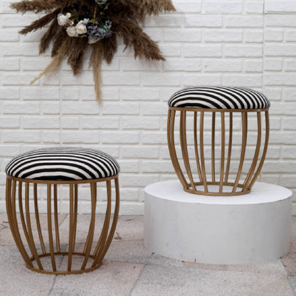 Classic Cage-Style Golden Metal Stool in Black &amp; White Stripe Set of 2