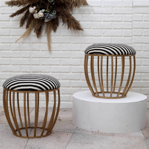 Classic Cage-Style Golden Metal Stool in Black &amp; White Stripe Set of 2