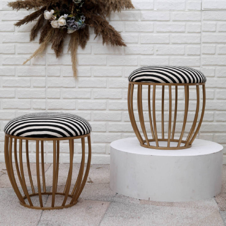 Classic Cage-Style Golden Metal Stool in Black &amp; White Stripe Set of 2