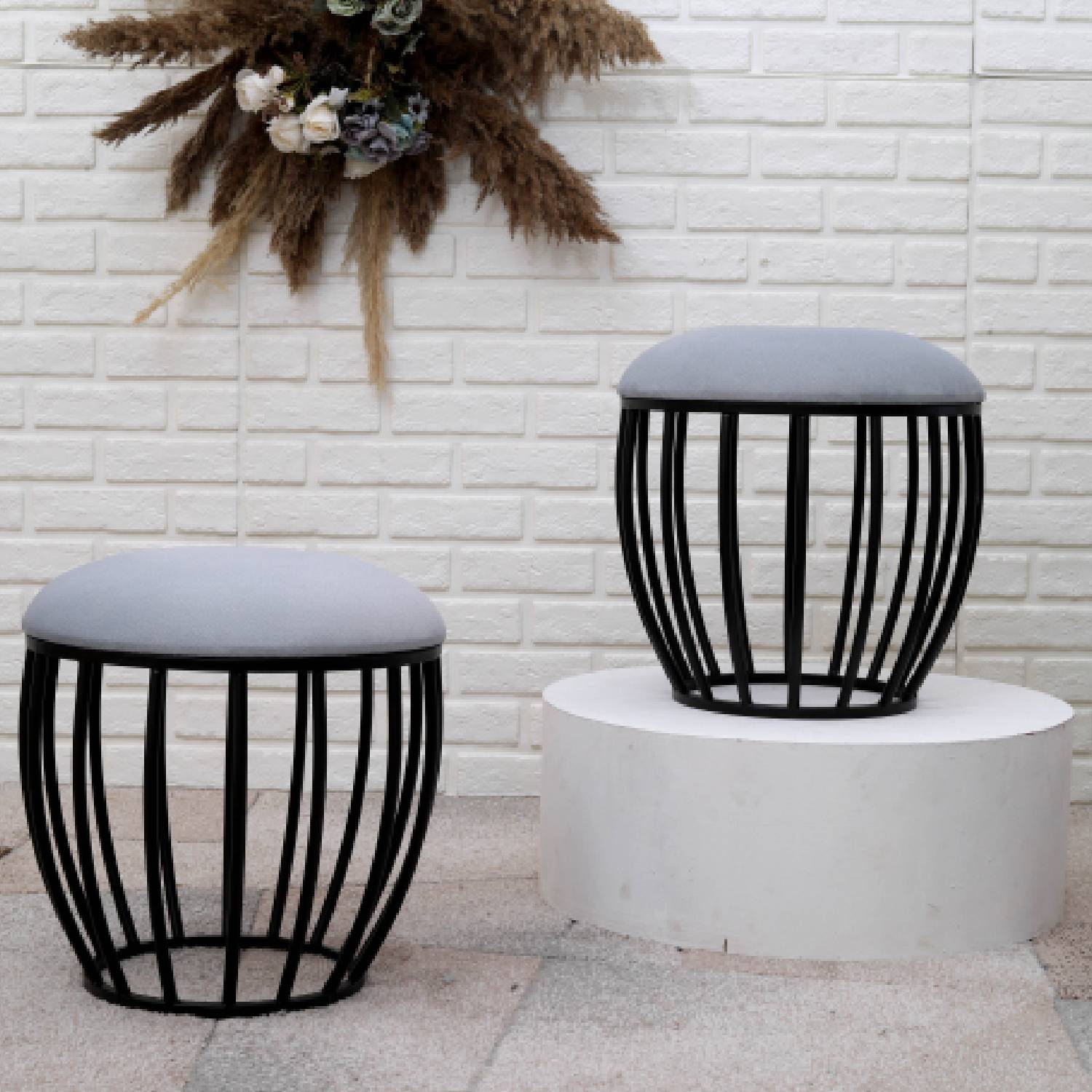 Classic Cage-Style Rose Matt Black Stool in Grey Cushion Set of 2