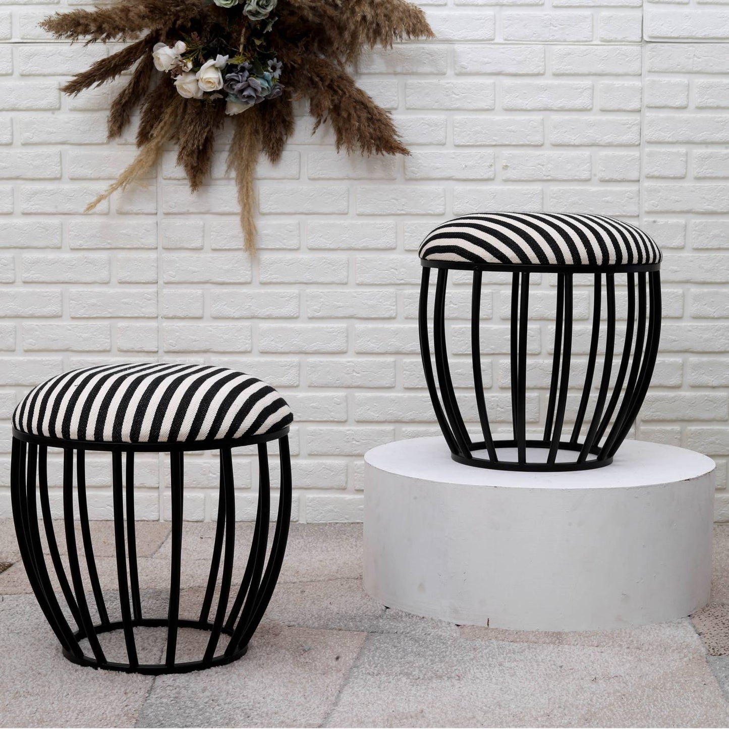 Classic Cage-Style Matt Black Metal Stool in Black &amp; White Stripe Set of 2