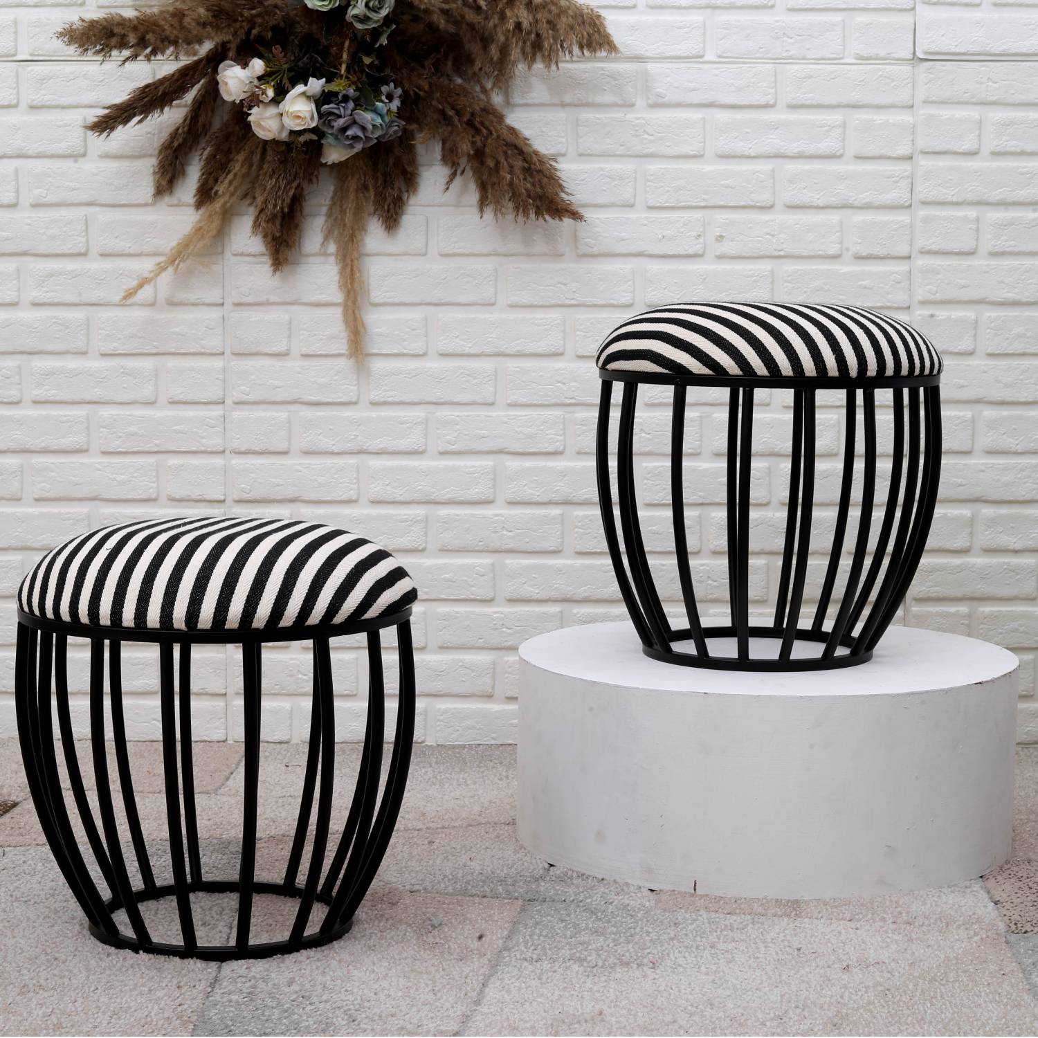 Classic Cage-Style Matt Black Metal Stool in Black &amp; White Stripe Set of 2