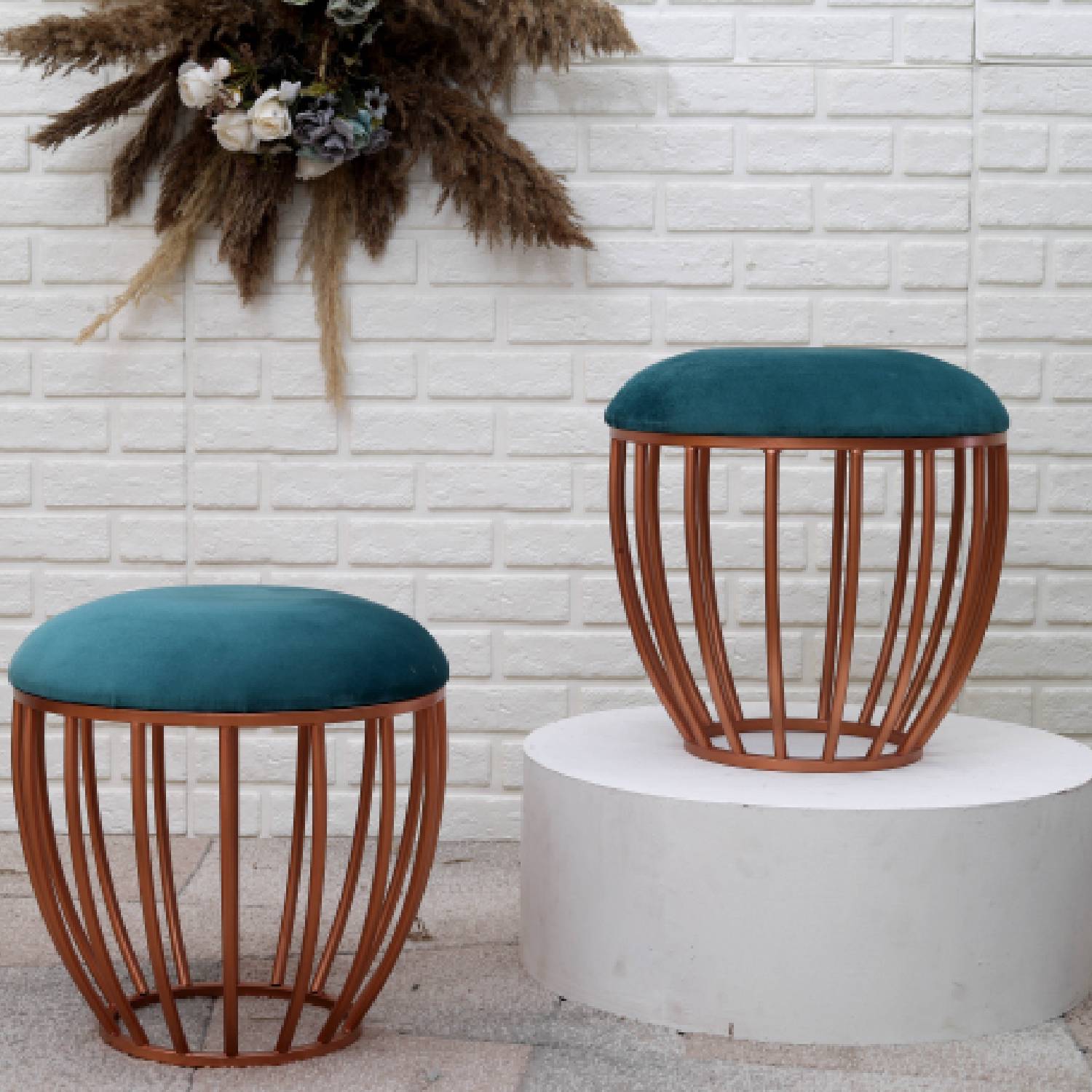 Classic Cage-Style Rose Gold Metal Stool in Teal Blue Cushion Set of 2