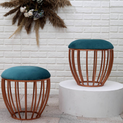 Classic Cage-Style Rose Gold Metal Stool in Teal Blue Cushion Set of 2