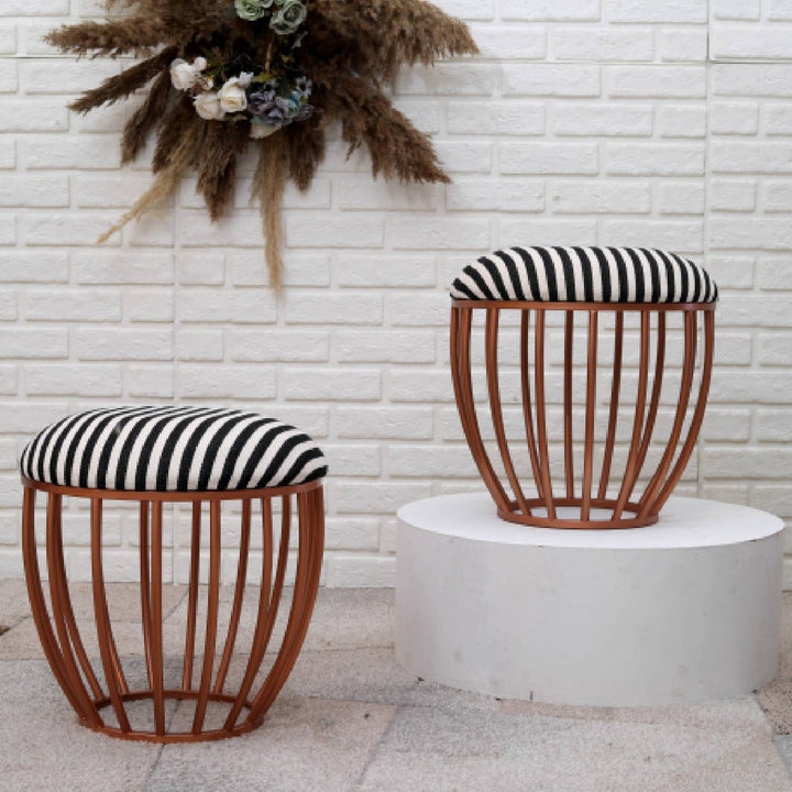 Classic Cage-Style Rose Gold Metal Stool in Black &amp; White Stripe Set of 2